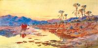 EDOUARD HERZIG DROMADAIRE AU PALANQUIN TRAVERSANT L'OUED